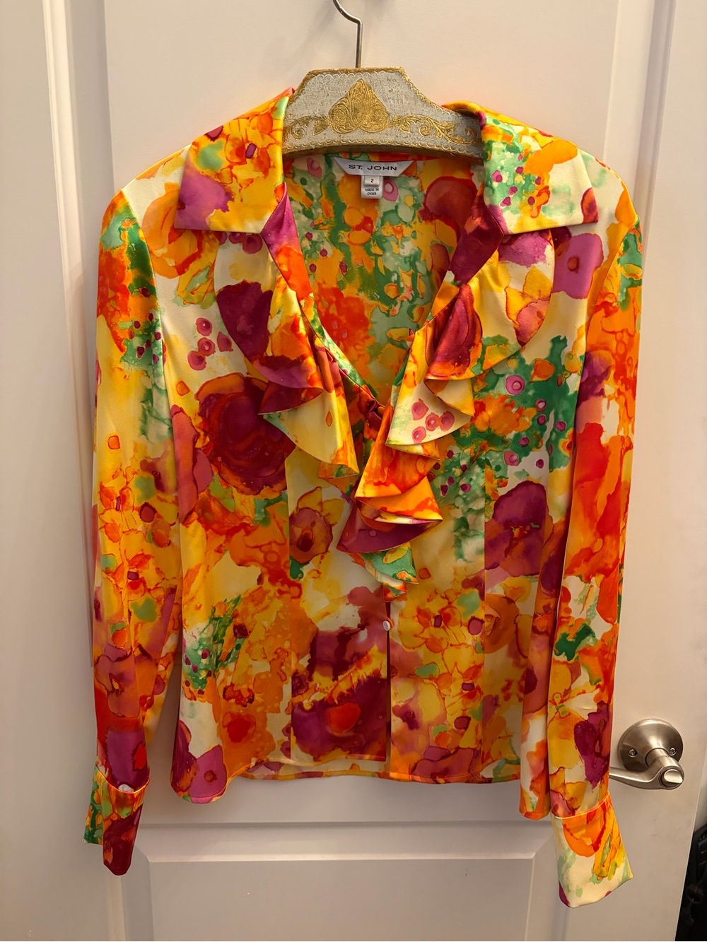 New never worn St. John Floral Silk Blouse in Yellow, Orange, Green, Fuchsia